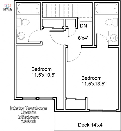 Floor plan for 2 beds, 2.5 baths, 1000 sqft